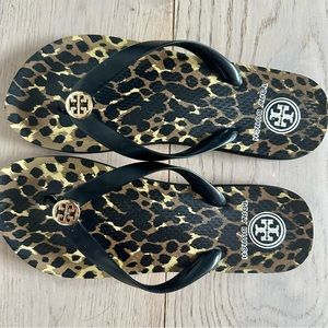 Tory Burch Logo Leopard Rubber Flip Flops, size 7.5